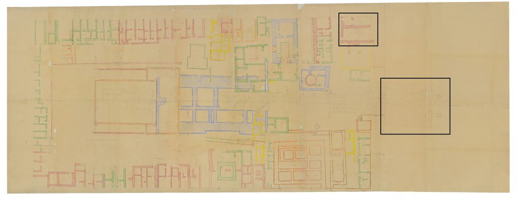 Fausto Franco’s general plan of the temple; the box highlights the vestibule of the temple and Room 12 (at the top). MSA, Anti’s archive, map n. 1. Under concession by the Università degli Studi di Padova. All rights reserved.