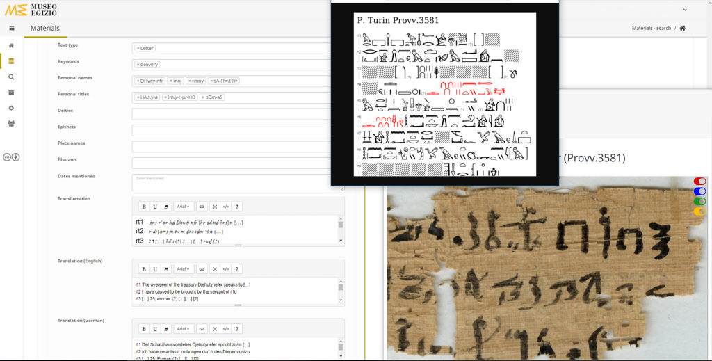 Excerpt from the database, section “text content”; example: P. Turin Provv. 3581 (editors: K. Gabler and D. Soliman).